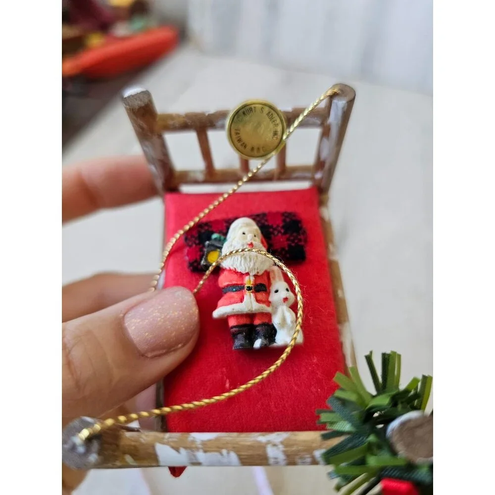 Antique Kurt Adler Santa bed rabbit ornament‎ vintage wooden Xmas tree